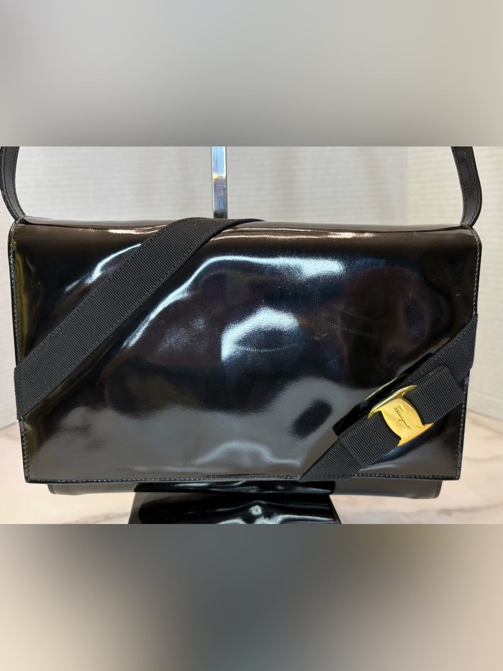 Salvatore Ferragamo Vera black patent leather  bag.